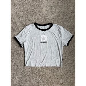 Converse Womens Ringer Tee Gray Black Star Logo Cropped Short Sleeve Shirt Small